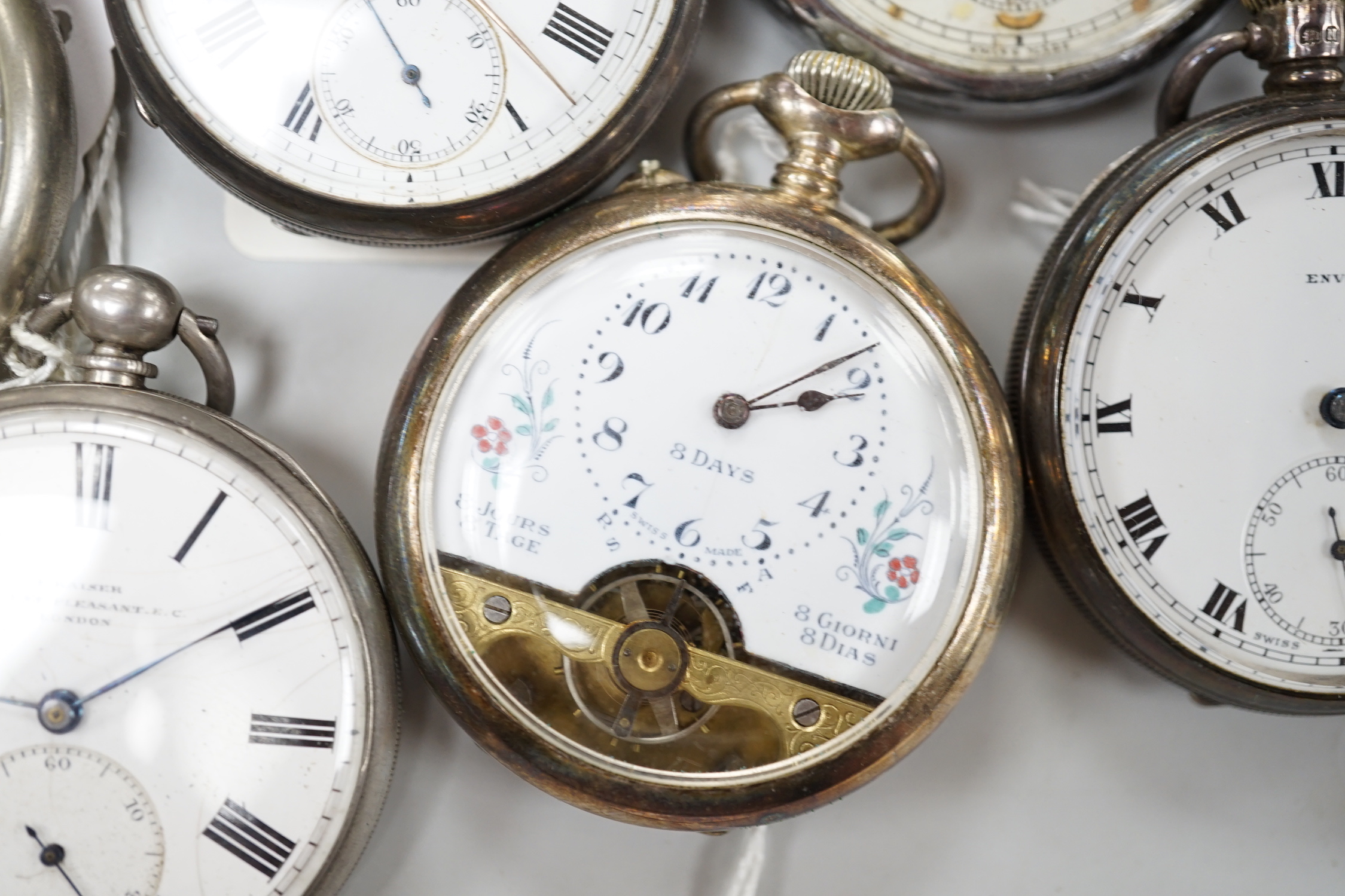 Fourteen assorted mainly base metal pocket watches including two Jaeger LeCoultre and a chronograph.